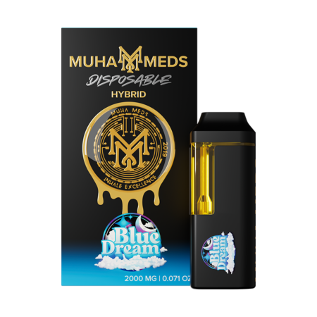 Muha Meds Blue Dream Hybrid 2G disposable vape pen against a clean background, highlighting its sleek design.