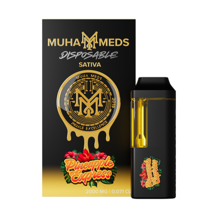 Pineapple Express Sativa 2G disposable vape pen against a clean background, highlighting its sleek design and branding.