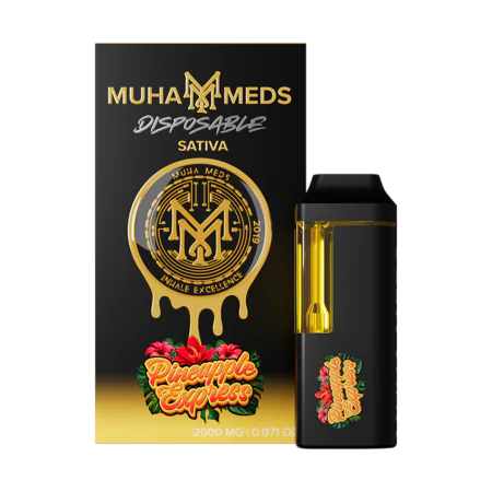 Pineapple Express Sativa 2G disposable vape pen against a clean background, highlighting its sleek design and branding.
