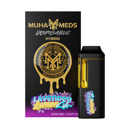 Muha Meds Lavender Lemon Lift 2G Hybrid disposable vape pen against a clean background.
