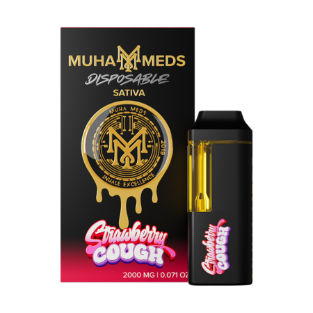 A sleek Muha Meds Strawberry Cough Sativa disposable vape pen showing its branding against a clean background.