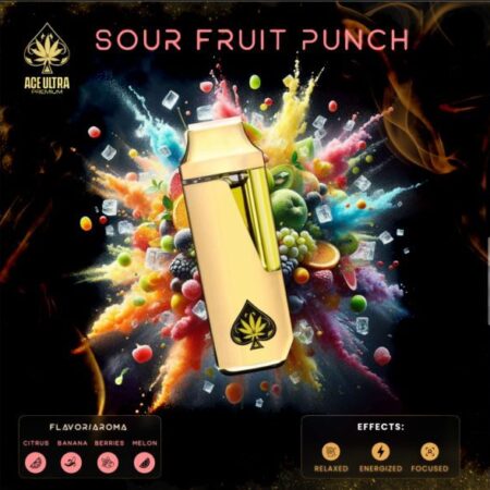 A vibrant package of ACE Sour Fruit Punch, showcasing its bright, fruity branding and tropical colors.