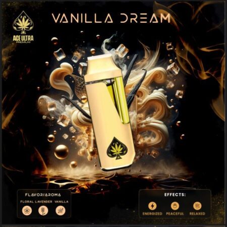 A close-up of the ACE VANILLA DREAM vape, highlighting its sleek design and branding against a dreamy background.