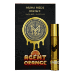 A high-quality Agent Orange vape cart with vibrant packaging, showcasing its citrus theme.