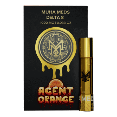 A high-quality Agent Orange vape cart with vibrant packaging, showcasing its citrus theme.