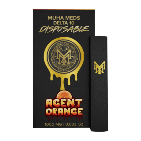 A sleek, orange-accented Agent Orange Disposable vape pen shown against a clean, modern background.