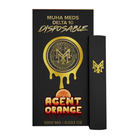 A sleek, orange-accented Agent Orange Disposable vape pen shown against a clean, modern background.