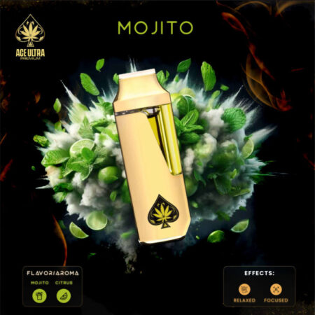 A sleek ACE Mojito disposable vape pen with vibrant green and citrus-themed packaging.