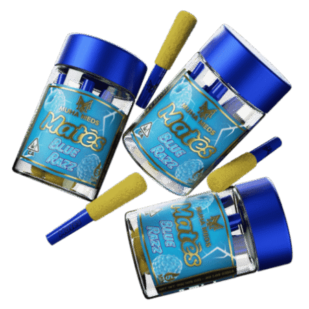 A sleek disposable vape pen showcasing the vibrant Blue Razz Hybrid branding.