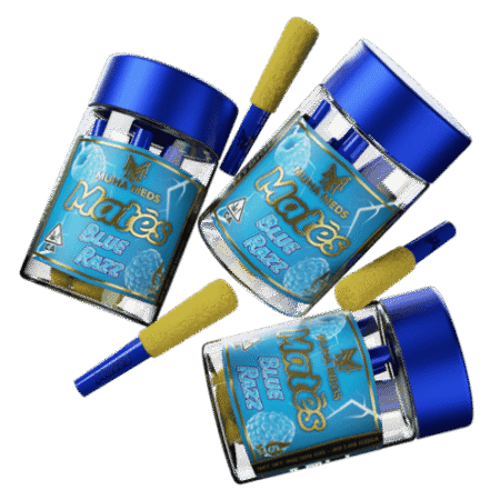 A sleek disposable vape pen showcasing the vibrant Blue Razz Hybrid branding.