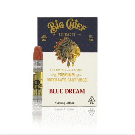 Big Chief Blue Dream vape cartridge packaging in front of a blue and purple background.