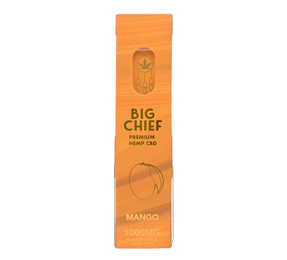 The Big Chief Mango vape cartridge shown with its bright, tropical-themed packaging.