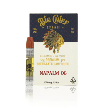 A close-up of the Big Chief Napalm OG vape cart showcasing its golden oil.
