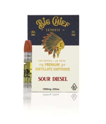 Big Chief Sour Diesel 1000mg vape cartridge in its premium packaging, showcasing the iconic branding.