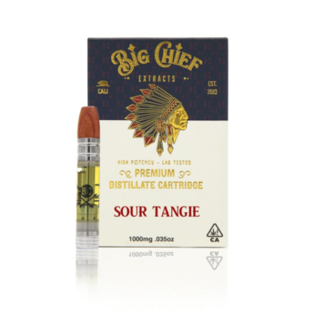 A Big Chief Sour Tangie vape cartridge displayed next to its official packaging, highlighting its bright orange and green branding.