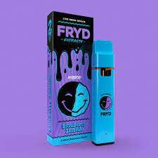 A vibrant blue Blueberry Zlushie Fryd Extract disposable vape pen ready for use.