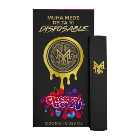 A sleek Cherry Berry Disposable vape pen held against a vibrant, fruity background.