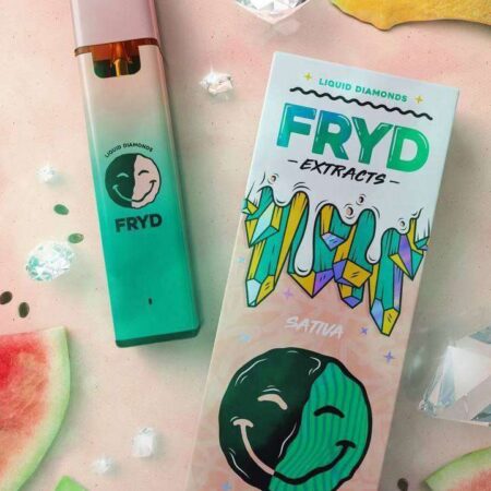 A FRYD Disposable Juicy Melon Dew vape device, showcasing its sleek design and vibrant branding.