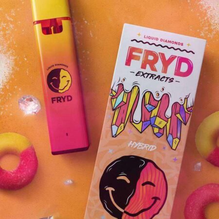A FRYD Disposable Peach Ringz Liquid Diamonds vape pen shown against a clean, modern background.