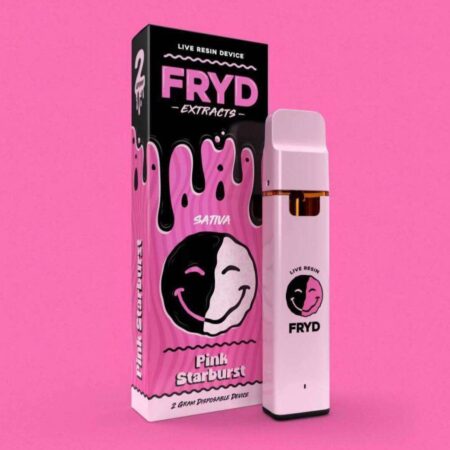 A FRYD Disposable Pink Starburst vape pen shown against a colorful, abstract background.