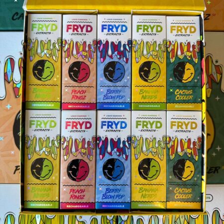 A collection of Fryd Disposables Liquid Diamonds vapes in a 100-piece master box, showcasing various colorful packaging.