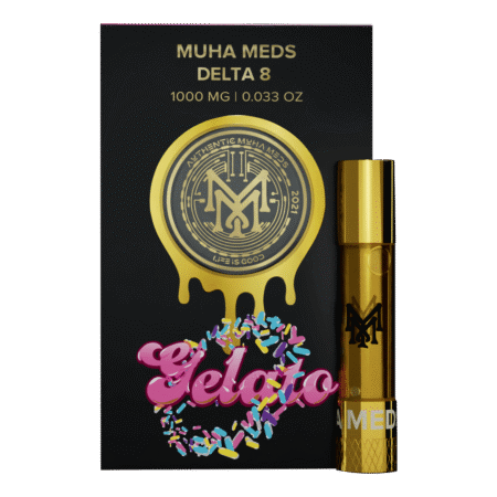 A high-quality Gelato vape cartridge from Muha Meds, showcasing its sleek design and golden oil.