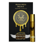 A close-up of the Muha Meds God's Gift 2G disposable vape, highlighting its sleek design and branding.