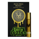 A sleek Green Crack vape cartridge with vibrant green and tropical packaging.