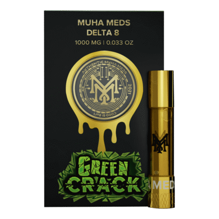 A sleek Green Crack vape cartridge with vibrant green and tropical packaging.
