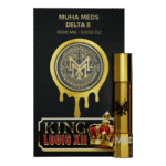 A close-up of the King Louis XII Muha Meds vape cartridge, showcasing its premium golden oil and sleek branding.