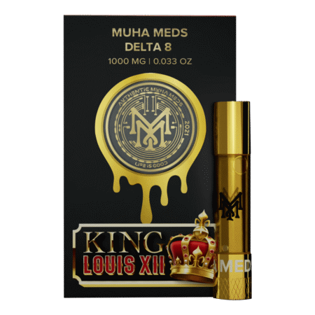 A close-up of the King Louis XII Muha Meds vape cartridge, showcasing its premium golden oil and sleek branding.