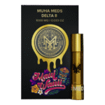 A high-quality Maui Waui vape cartridge by Muha Meds with tropical-themed packaging.