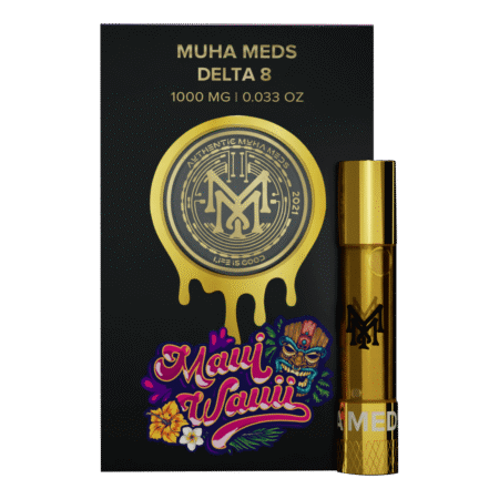 A high-quality Maui Waui vape cartridge by Muha Meds with tropical-themed packaging.