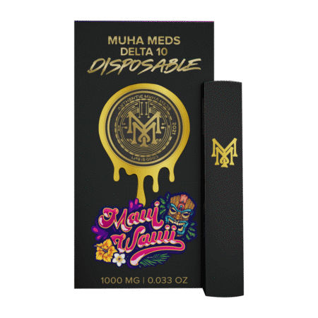 A sleek, modern Maui Waui Disposable vape pen against a tropical background.