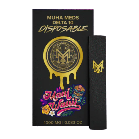 A sleek, modern Maui Waui Disposable vape pen against a tropical background.