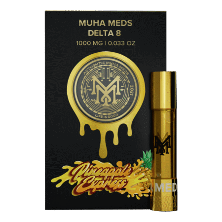 A Pineapple Express vape cart with tropical fruit imagery in the background.