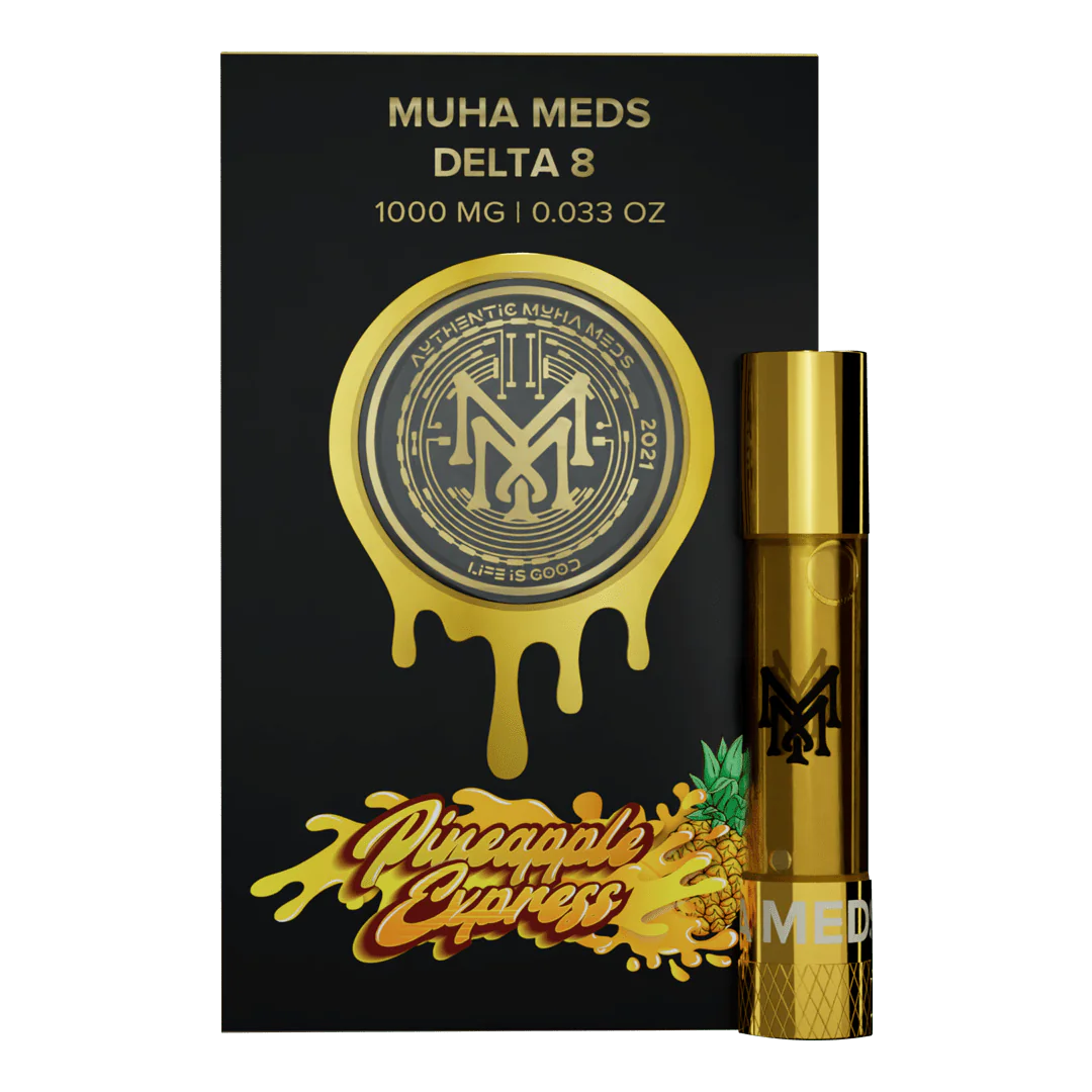 A Pineapple Express vape cart with tropical fruit imagery in the background.