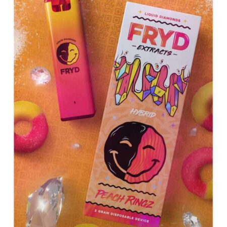 A vibrant orange and yellow Peach Ringz Fryd Extract disposable vape device on a clean background.