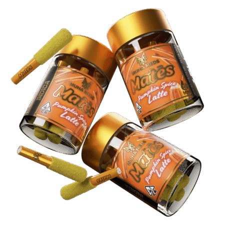 A premium Pumpkin Spice Latte Indica vape cartridge with autumnal-themed packaging.