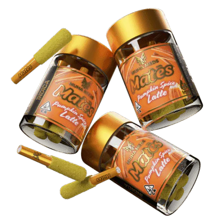 A premium Pumpkin Spice Latte Indica vape cartridge with autumnal-themed packaging.
