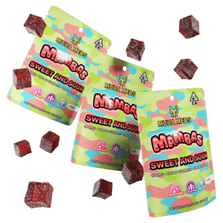 A package of Sweet and Sour Muha Meds Mambas edibles displayed on a clean surface.