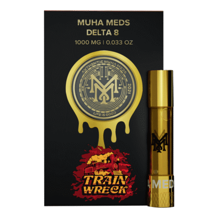 A sleek Trainwreck vape cartridge with vibrant, energetic packaging.