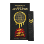 A sleek, modern Trainwreck Disposable vape pen by Muha Meds, ready for use.