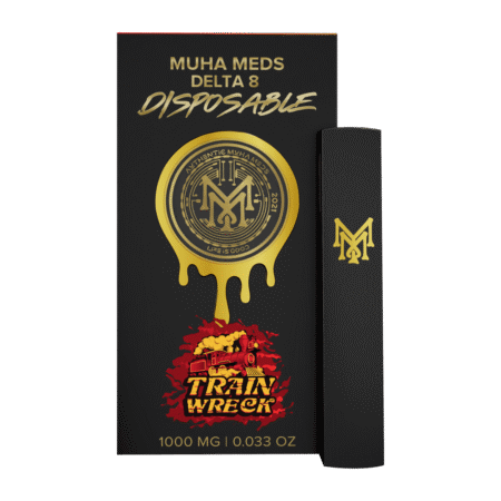 A sleek, modern Trainwreck Disposable vape pen by Muha Meds, ready for use.