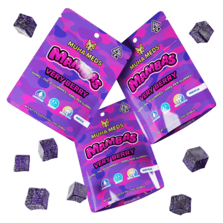 A package of Very Berry Muha Meds Mambas edibles showcasing the vibrant berry-themed branding.
