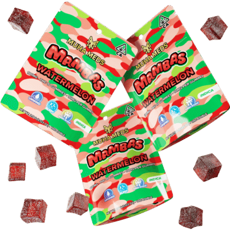 A package of Watermelon Muha Meds Mambas indica-infused gummies.