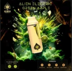 A vibrant, dense bud of ACE ALIEN ELECTRIC GREEN APPLE with neon-green hues and orange pistils, frosted with trichomes.