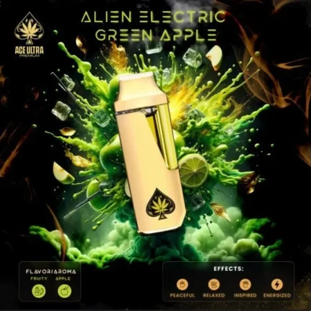 A vibrant, dense bud of ACE ALIEN ELECTRIC GREEN APPLE with neon-green hues and orange pistils, frosted with trichomes.