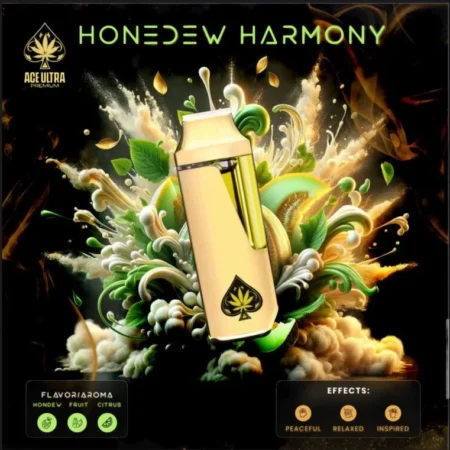 A premium ACE HONEDEW HARMONY vape cartridge with its packaging, showcasing its frosty appearance and quality.